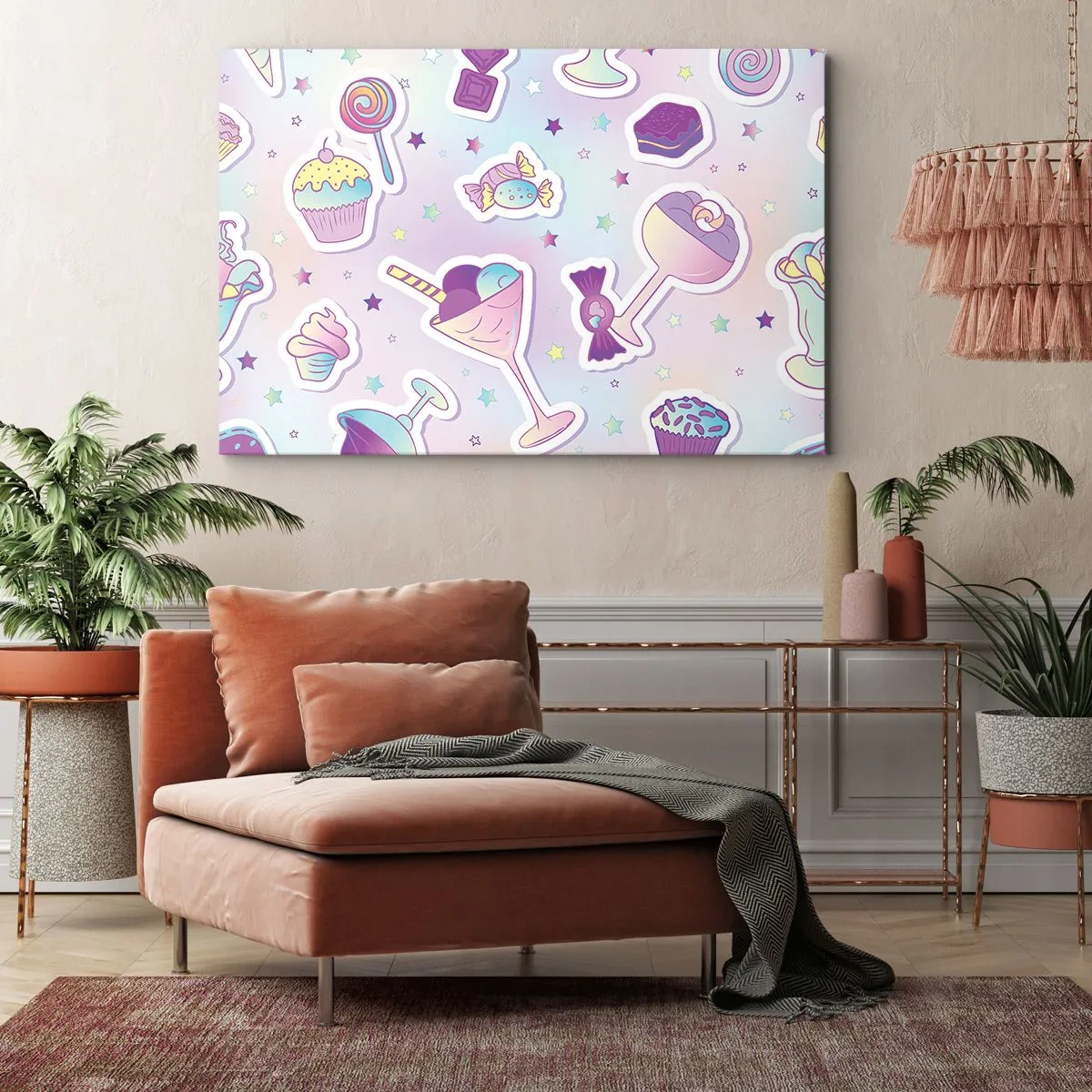 Bild auf Leinwand - Leinwandbild - Pastellmuster mit Süßigkeiten und Desserts - 120x80cm - Dass es jeden Tag ein Geburtstag wäre - Moderne Wanddekoration für Wohnzimmer und Schlafzimmer ARTTOR