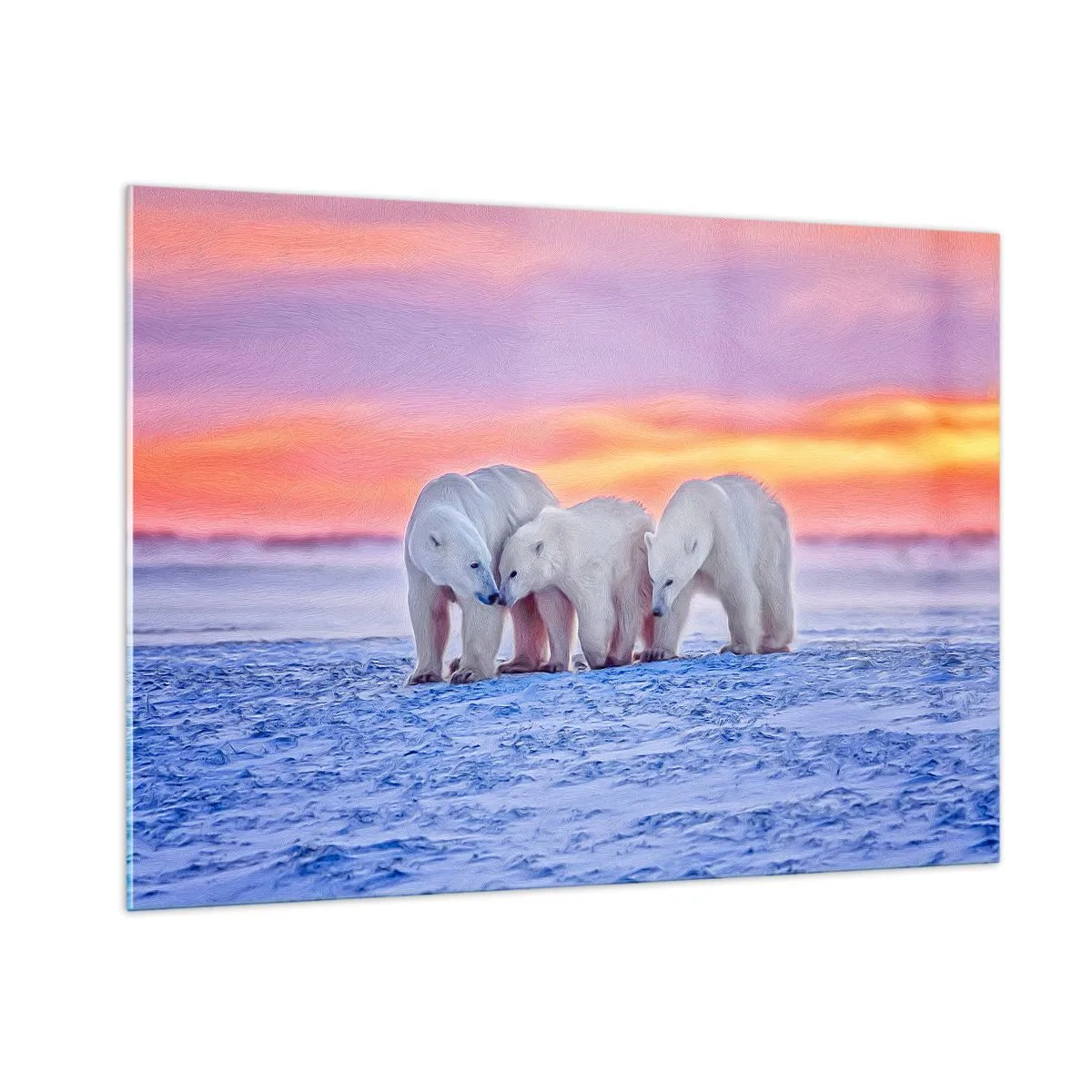 Glasbild - Bild auf glas - Drei Eisbären auf einem verschneiten Hintergrund bei Sonnenuntergang - 100x70cm - Familienwärme ist genug - Moderne Wanddekoration für Wohnzimmer und Schlafzimmer ARTTOR