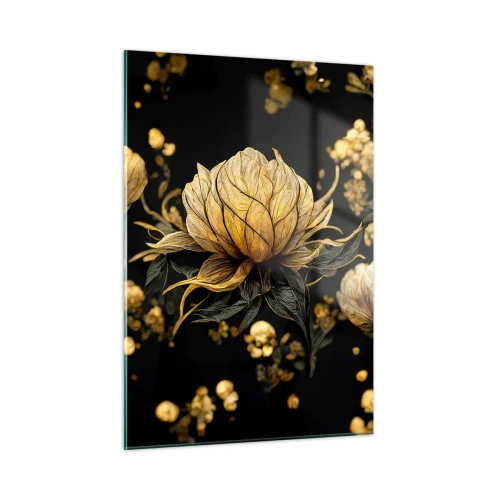 Glasbild - Bild auf glas - Goldene Blumen auf schwarzem Hintergrund in einer eleganten Komposition - 50x70cm - Subtile Zerbrechlichkeit - Moderne Wanddekoration für Wohnzimmer und Schlafzimmer ARTTOR