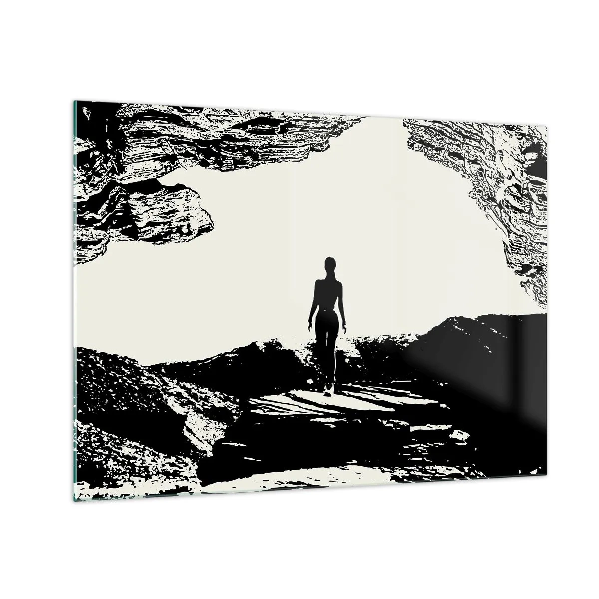 Glasbild - Bild auf glas - Silhouette einer Frau, die aus einer Höhle auftaucht, in Schwarz-Weiß-Grafiken - 70x50cm - Neuer Blick - Moderne Wanddekoration für Wohnzimmer und Schlafzimmer ARTTOR