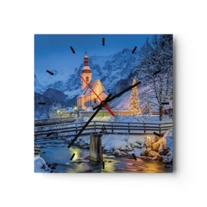 Wanduhr - Glasuhr - Winterlandschaft mit Kirche, Brücke und Bergen in der Abenddämmerung - 30x30cm - Weihnachtsgeist - Moderne Wanddekoration für Wohnzimmer und Schlafzimmer ARTTOR