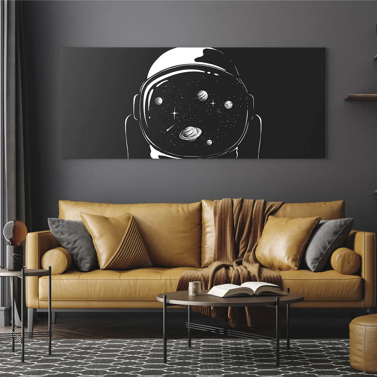 Glasbild - Bild auf glas - Ein minimalistischer Astronautenhelm mit Blick ins Weltall - 120x50cm - Schöne Aussicht - Moderne Wanddekoration für Wohnzimmer und Schlafzimmer ARTTOR