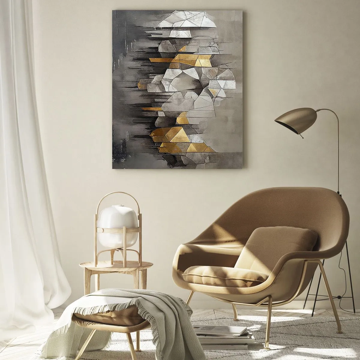 Glasbild - Bild auf glas - Abstrakte Formen in Grau-, Weiß- und Goldtönen - 50x70cm - Komposition aus Eis und Licht - Moderne Wanddekoration für Wohnzimmer und Schlafzimmer ARTTOR
