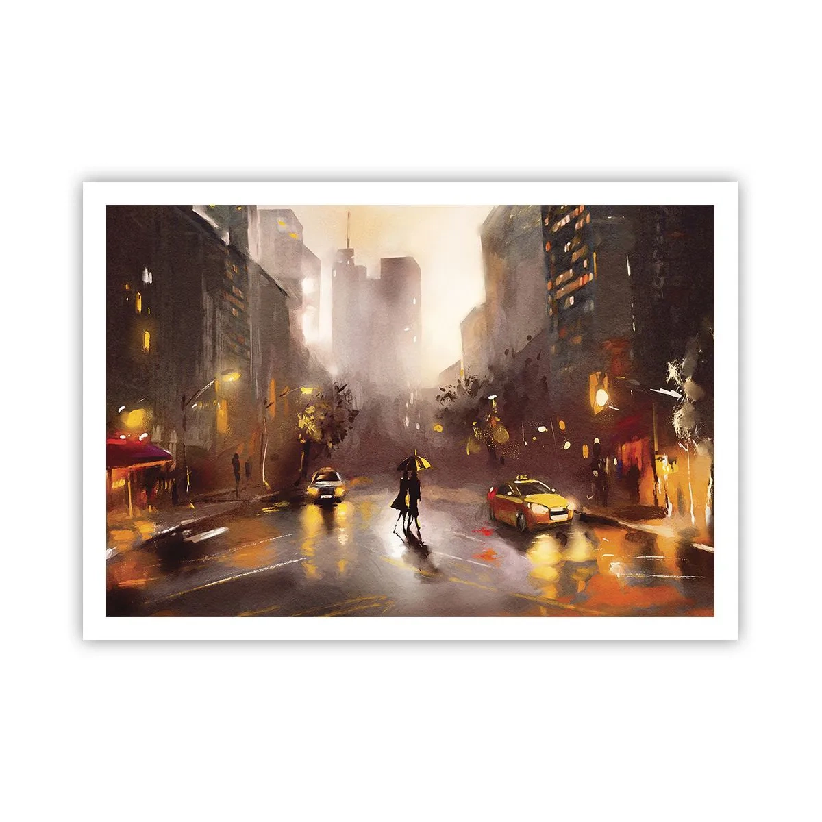 Poster - Eine nächtliche Stadtszene im Licht der Straßenlaternen und Spiegelungen auf einer nassen Straße. - 100x70cm - Im Licht von New York - Moderne Wanddekoration für Wohnzimmer und Schlafzimmer ARTTOR