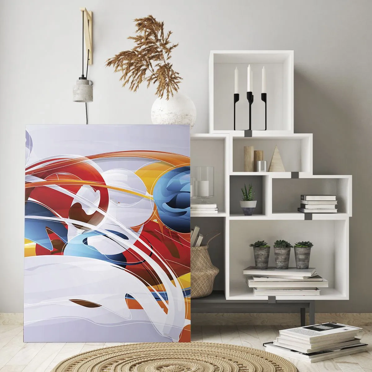Glasbild - Bild auf glas - Eine abstrakte Komposition aus bunten Formen und Linien. - 50x70cm - Der Tanz der Elemente - Moderne Wanddekoration für Wohnzimmer und Schlafzimmer ARTTOR