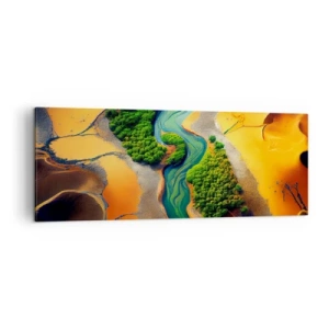 Bild auf Leinwand - Leinwandbild - Ein grüner Fluss, umgeben von goldenem Sand und Vegetation - 140x50cm - Lebensspendender Fluss - Moderne Wanddekoration für Wohnzimmer und Schlafzimmer ARTTOR