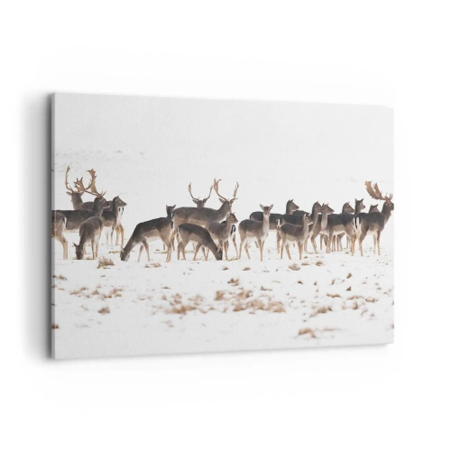 Bild auf Leinwand - Leinwandbild - Eine Herde Hirsche vor einem verschneiten Hintergrund - 120x80cm - Kommen die Weihnachten? - Moderne Wanddekoration für Wohnzimmer und Schlafzimmer ARTTOR