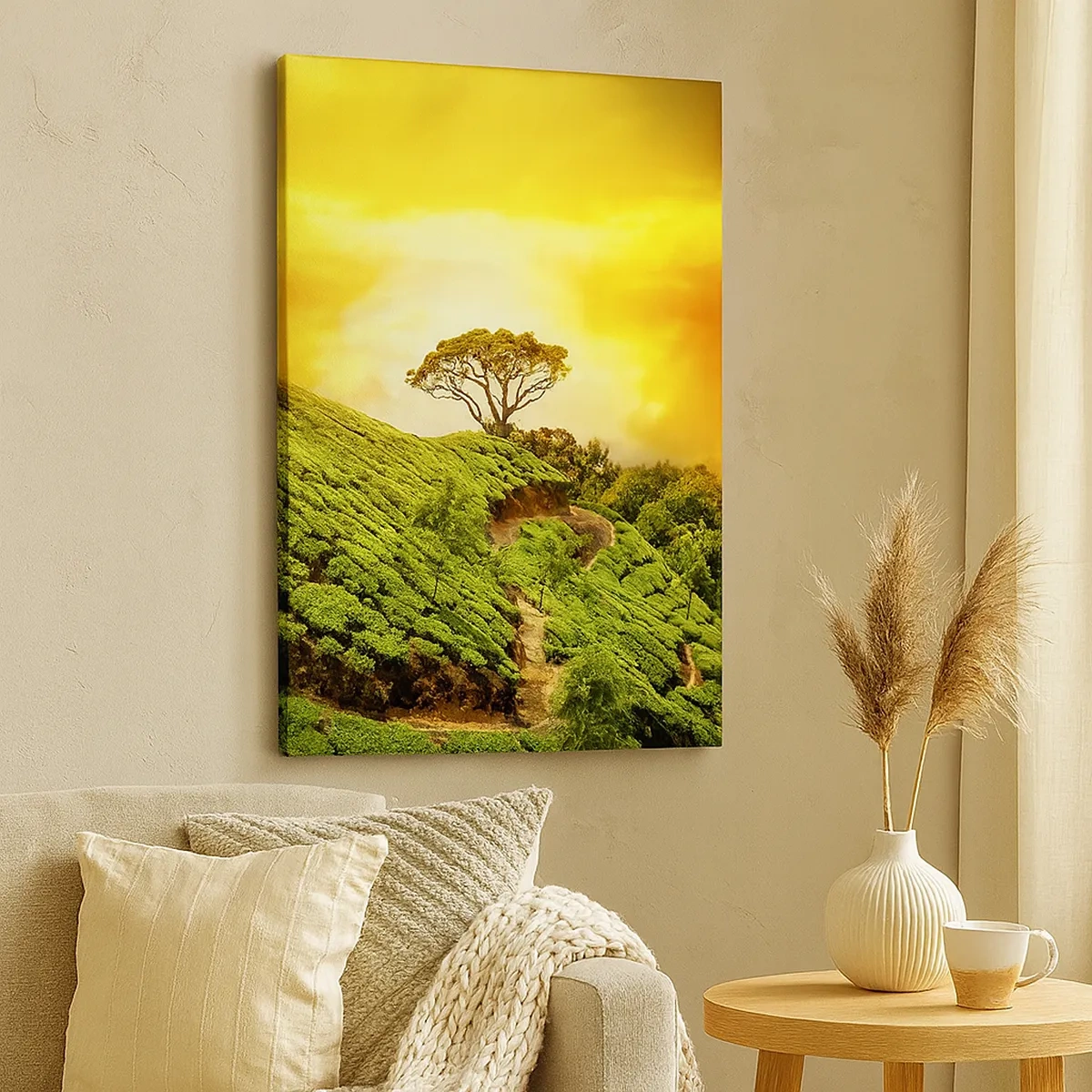 Bild auf Leinwand - Leinwandbild - Grüne Hügel mit Teeplantagen bei Sonnenuntergang - 50x70cm - Ein gewundener Weg, ein grüner Hang - Moderne Wanddekoration für Wohnzimmer und Schlafzimmer ARTTOR