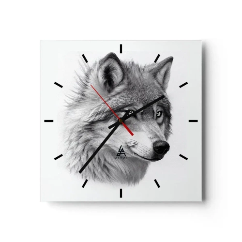Wanduhr - Glasuhr - Ein realistisches Porträt eines Wolfes in Grautönen. - 30x30cm - Alpha – ohne Zweifel - Moderne Wanddekoration für Wohnzimmer und Schlafzimmer ARTTOR