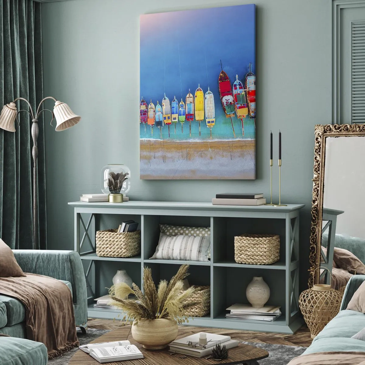 Bild auf Leinwand - Leinwandbild - Bunte Boote in einer Reihe am Ufer aufgereiht - 70x100cm - Aus der Vogelperspektive - Moderne Wanddekoration für Wohnzimmer und Schlafzimmer ARTTOR