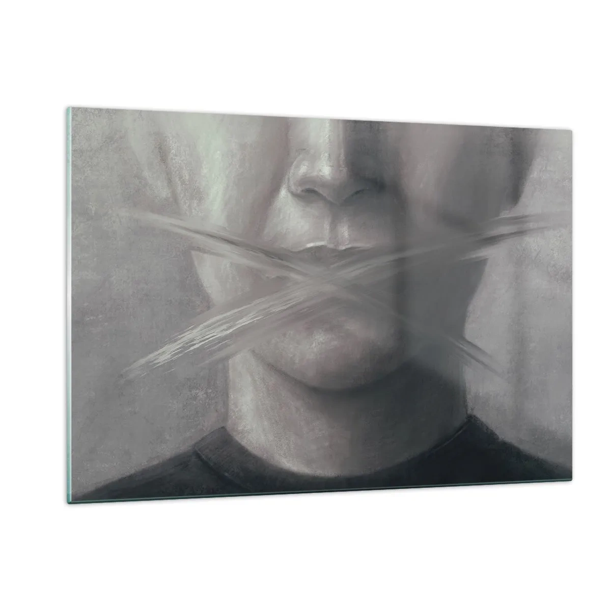 Glasbild - Bild auf glas - Porträt einer Person mit verschmierten Lippen in Grautönen - 120x80cm - Ohne ein Wort - Moderne Wanddekoration für Wohnzimmer und Schlafzimmer ARTTOR