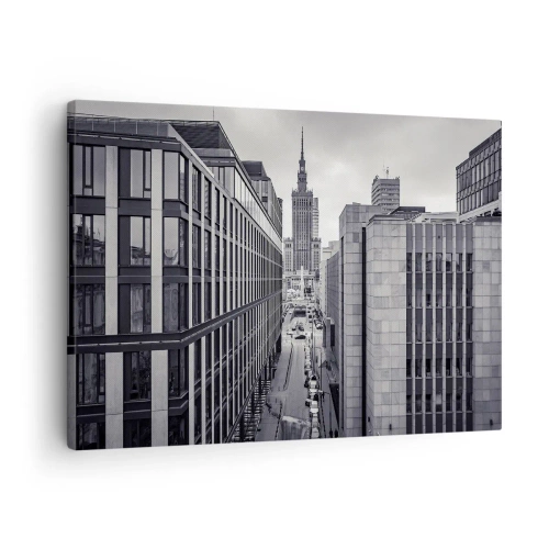 Bild auf Leinwand - Leinwandbild - Panorama von Warschau mit Blick auf den Kulturpalast und die umliegenden Gebäude - 70x50cm - Warschauer Tal - Moderne Wanddekoration für Wohnzimmer und Schlafzimmer ARTTOR