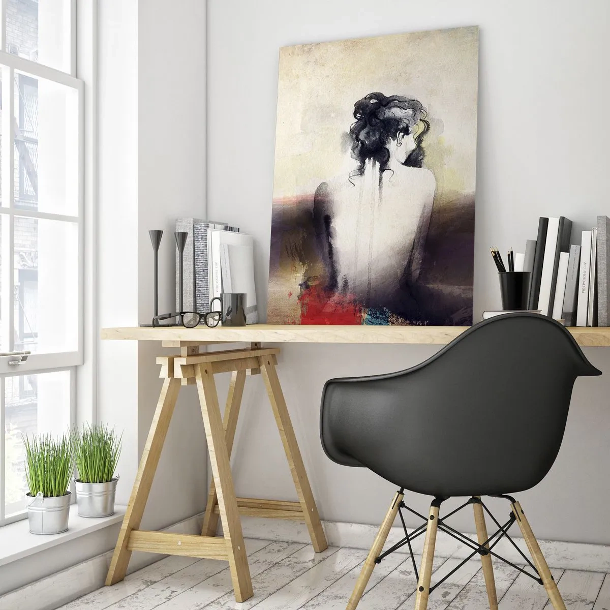 Glasbild - Bild auf glas - Ein subtiles Porträt einer Frau vor einem pastellfarbenen Landschaftshintergrund. - 50x70cm - Glatte Linien, ovale Formen - Moderne Wanddekoration für Wohnzimmer und Schlafzimmer ARTTOR