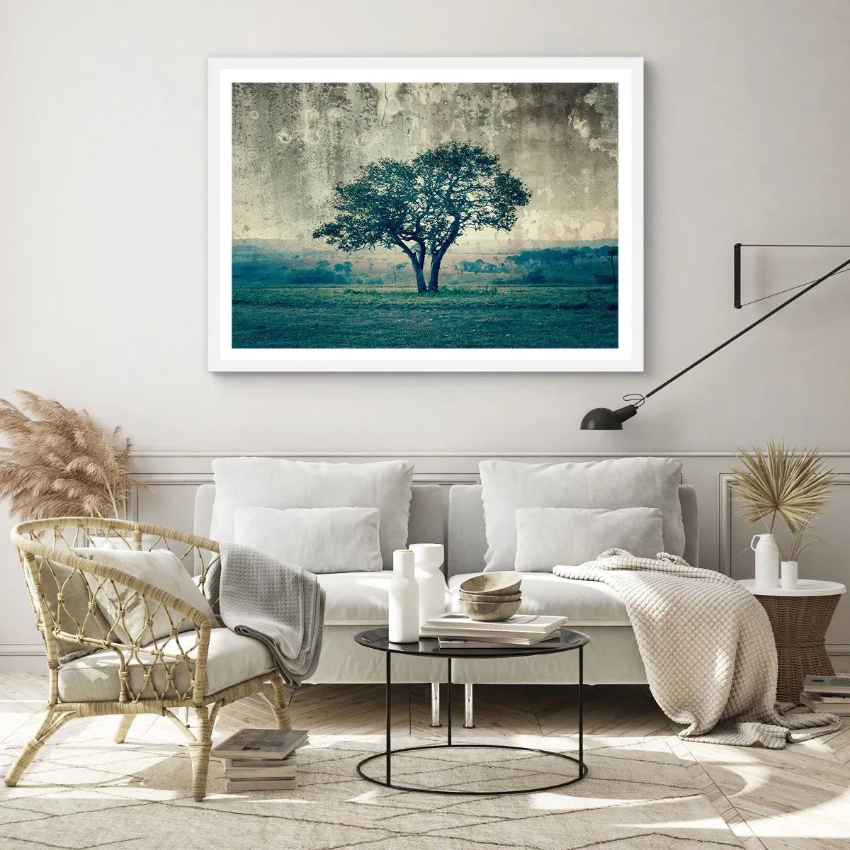 Poster in einem weißen Rahmen - Ein Apfelbaum auf blauem Feld? - 70x50 cm