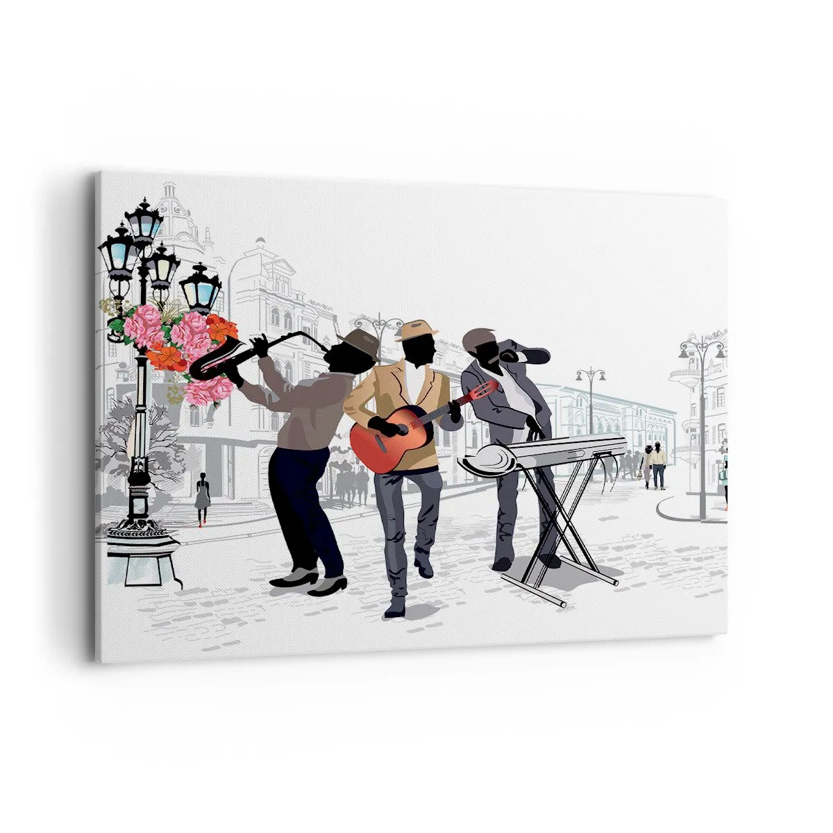 Bild auf Leinwand - Leinwandbild - Straßenmusiker spielen vor dem Hintergrund einer urbanen Landschaft - 100x70cm - Straßenmusik - Moderne Wanddekoration für Wohnzimmer und Schlafzimmer ARTTOR