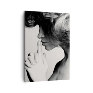 Bild auf Leinwand - Leinwandbild - Schwarz-weißes Profil einer Frau, die Stille gestikuliert - 50x70cm - Auf sich selbst hören - Moderne Wanddekoration für Wohnzimmer und Schlafzimmer ARTTOR