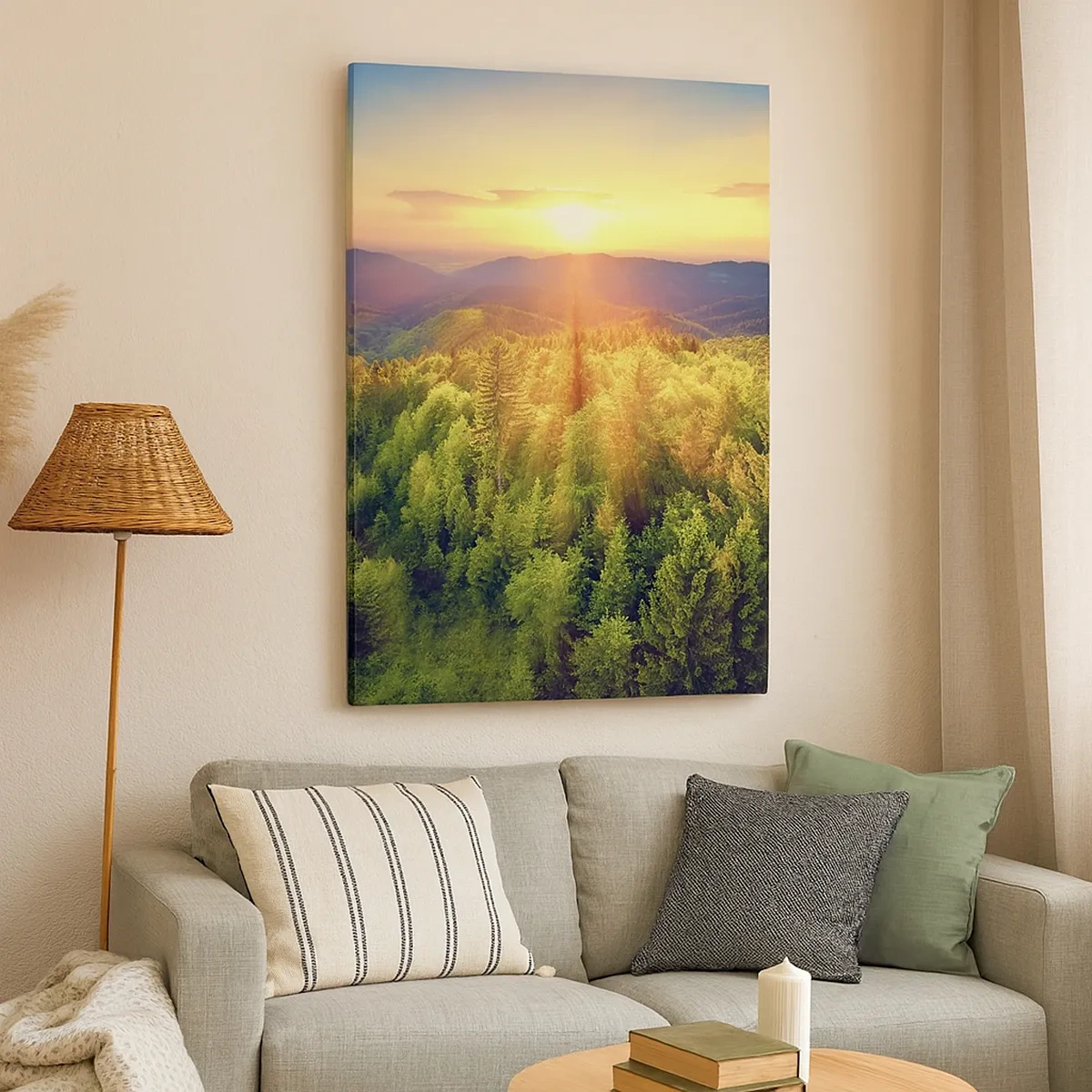 Bild auf Leinwand - Leinwandbild - Waldlandschaft mit Sonnenuntergang über den Hügeln - 50x70cm - Scheitelpunkte und Spitzen - Moderne Wanddekoration für Wohnzimmer und Schlafzimmer ARTTOR