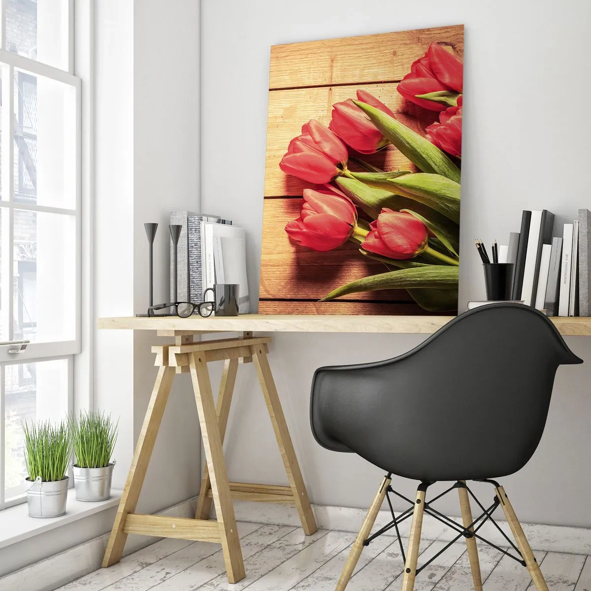 Glasbild - Bild auf glas - Ein Strauß rosa Tulpen auf einem hölzernen Hintergrund - 80x120cm - Frühlingsgeständnis - Moderne Wanddekoration für Wohnzimmer und Schlafzimmer ARTTOR
