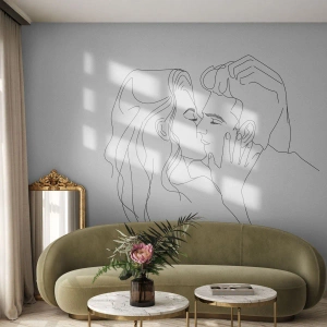 Fototapete Premium Canvas - Die Umrisse eines sich küssenden Paares auf hellem Hintergrund - 100x70cm - Dieselbe Linie - Moderne Wanddekoration für Wohnzimmer und Schlafzimmer ARTTOR
