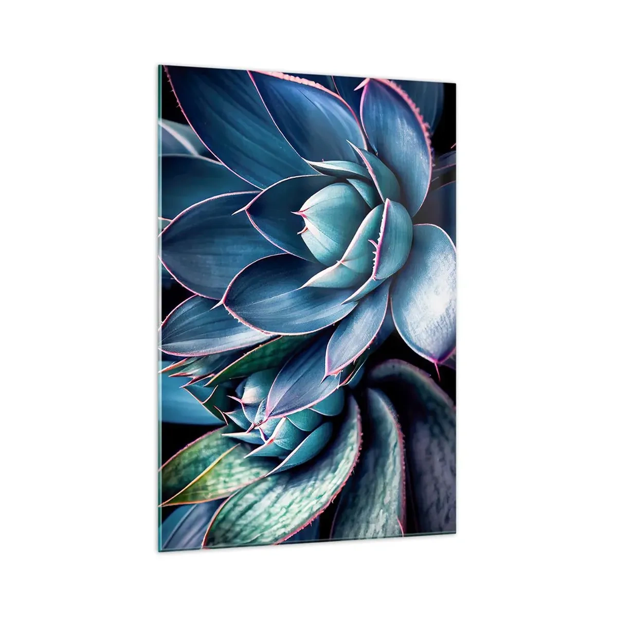 Glasbild - Bild auf glas - Agave in Blau- und Grüntönen mit rosa Akzenten - 70x100cm - Lebenskraft - Moderne Wanddekoration für Wohnzimmer und Schlafzimmer ARTTOR