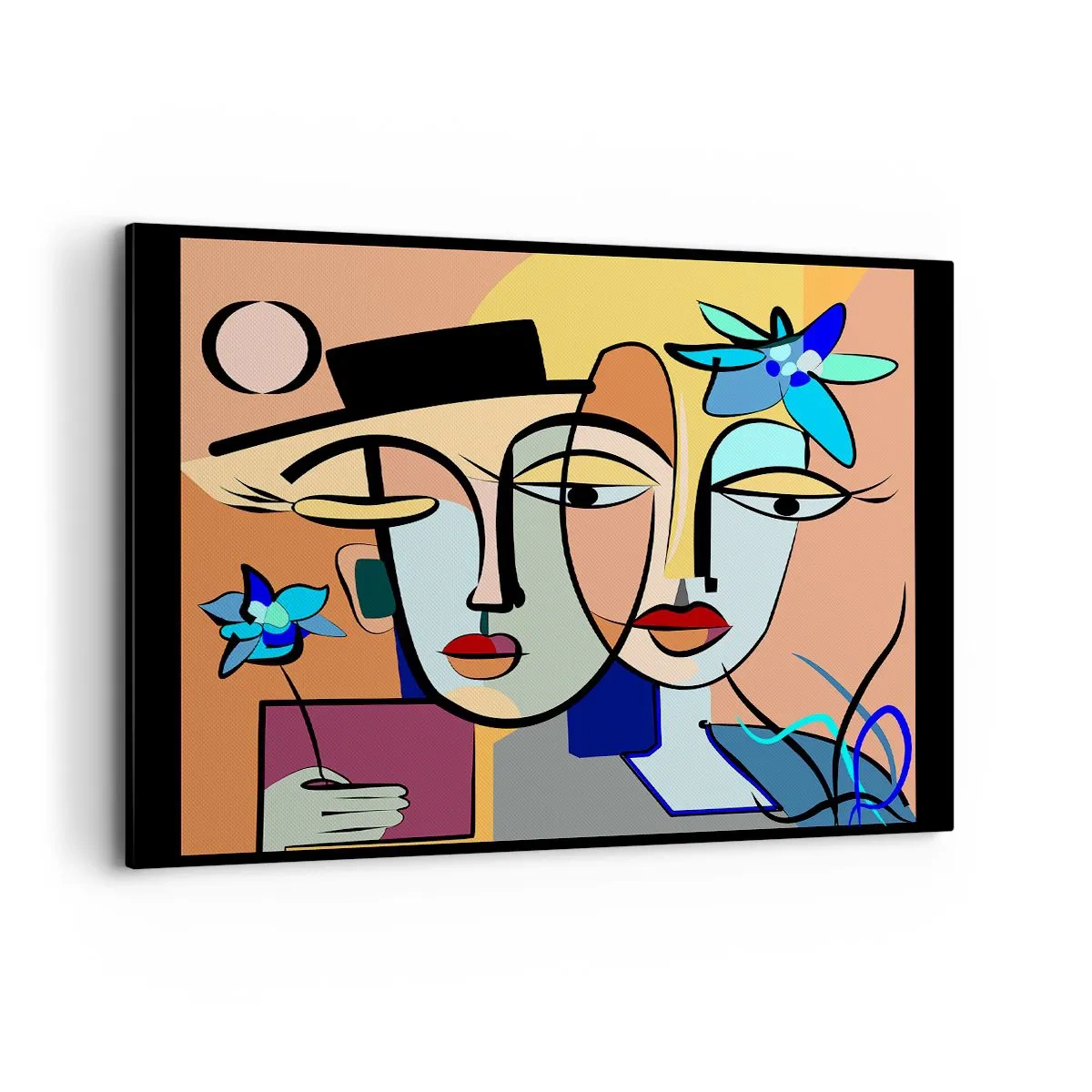 Bild auf Leinwand - Leinwandbild - Kubistische Porträts in leuchtenden Farben mit floralem Motiv - 100x70cm - Picassos randez vous - Moderne Wanddekoration für Wohnzimmer und Schlafzimmer ARTTOR