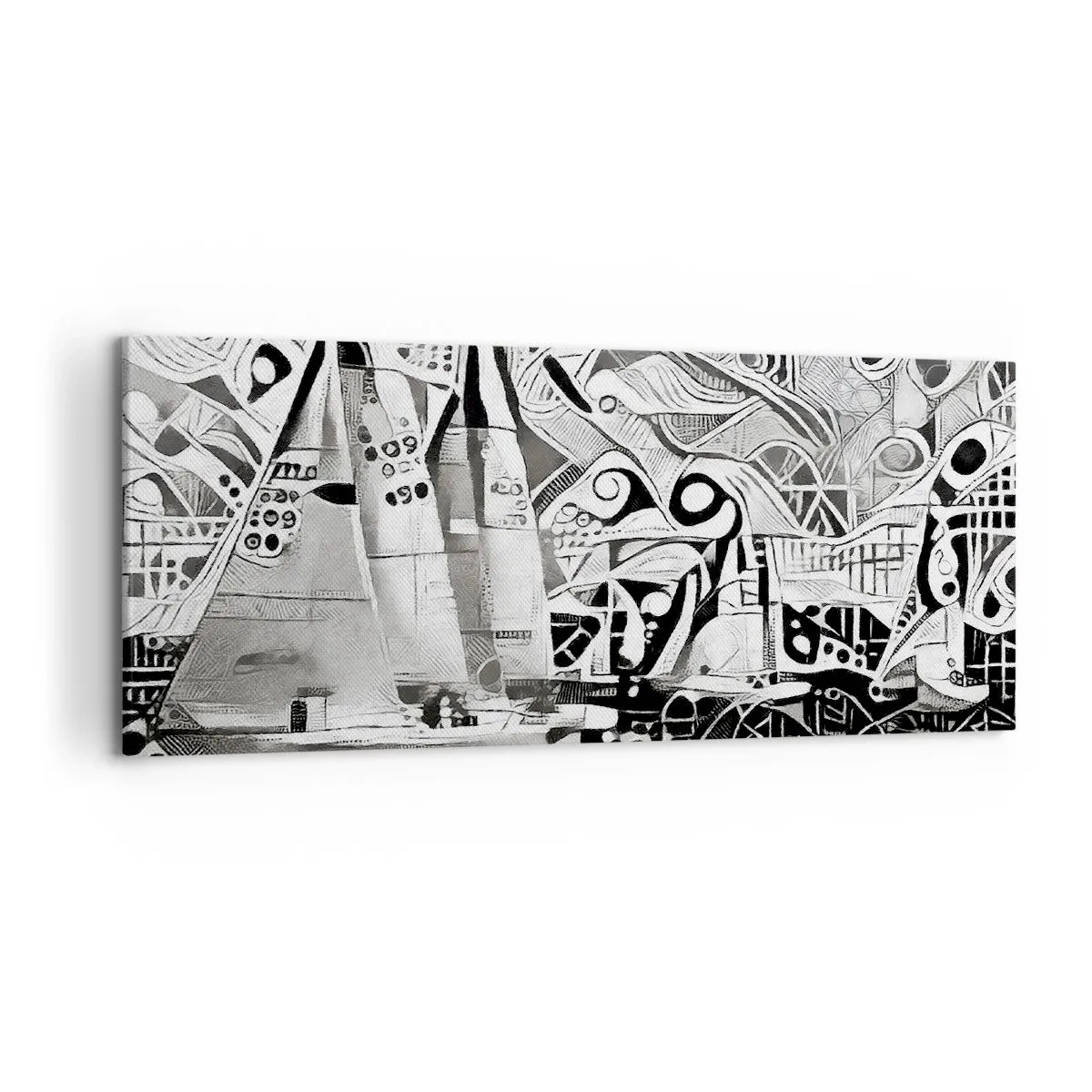 Bild auf Leinwand - Leinwandbild - Abstrakte Segelboote in einer monochromen Komposition - 120x50cm - Zwischen den Wellen - Moderne Wanddekoration für Wohnzimmer und Schlafzimmer ARTTOR