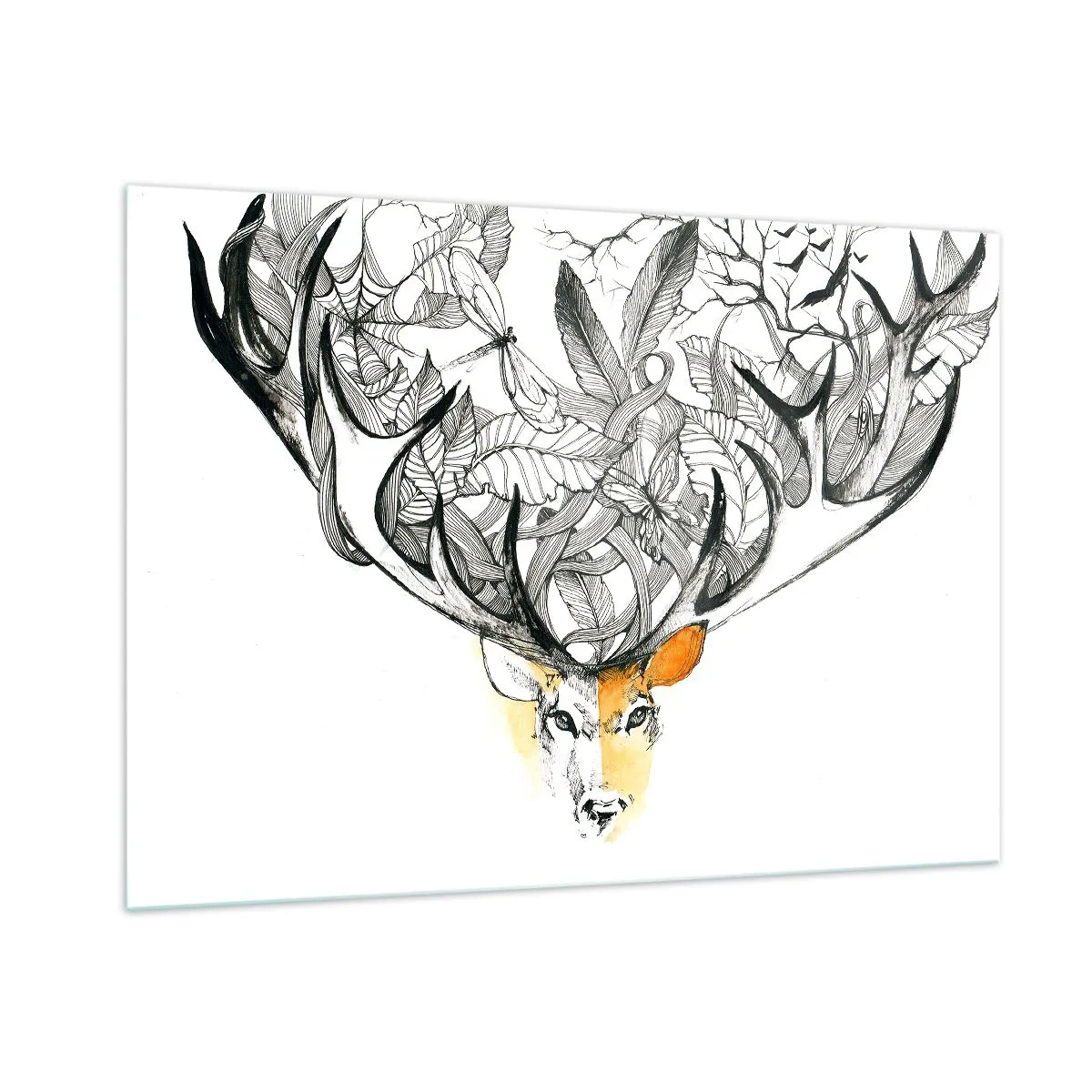 Glasbild - Bild auf glas - Zeichnung eines Hirsches mit ausgefallenem Geweih - 100x70cm - Ecken des Überflusses - Moderne Wanddekoration für Wohnzimmer und Schlafzimmer ARTTOR
