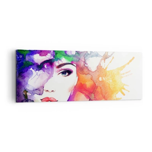 Bild auf Leinwand - Leinwandbild - Porträt einer Frau in Aquarellfarben mit abstrakten Flecken - 140x50cm - Mit dem Kopf in den Wolken - Moderne Wanddekoration für Wohnzimmer und Schlafzimmer ARTTOR