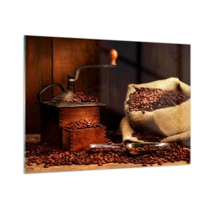 Glasbild - Bild auf glas - Eine alte Kaffeemühle mit Bohnen und einer Tüte Kaffee - 100x70cm - Stillleben mit Kaffeebohnen und einer Mühle - Moderne Wanddekoration für Wohnzimmer und Schlafzimmer ARTTOR