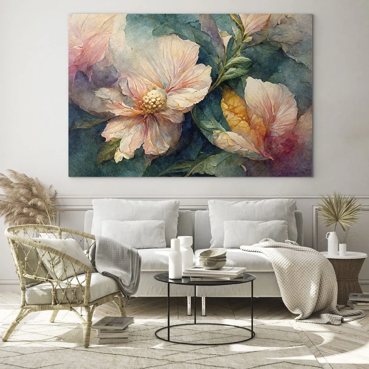 Glasbild - Bild auf glas - Zarte Blüten in pastelligen Aquarelltönen - 70x50cm - Pure Subtilität - Moderne Wanddekoration für Wohnzimmer und Schlafzimmer ARTTOR