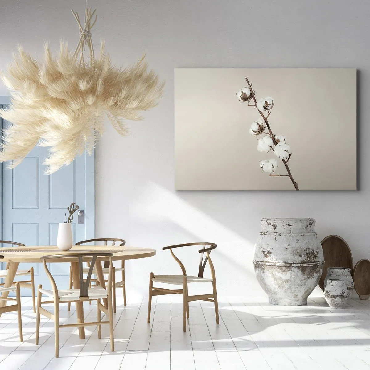 Bild auf Leinwand - Leinwandbild - Ein Zweig Baumwolle auf beigem Hintergrund - 100x70cm - An der Quelle der Weichheit - Moderne Wanddekoration für Wohnzimmer und Schlafzimmer ARTTOR