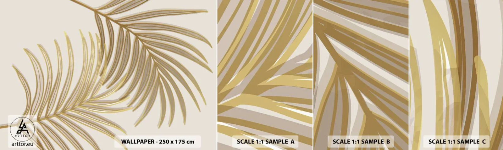 Fototapetenmuster Standard Eco - Goldene Palme! - Abstraktion, Palmblatt, Grafik - 100x30 cm