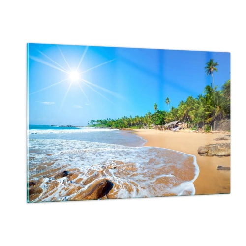 Glasbild - Bild auf glas - Tropischer Strand mit Palmen und Wellen unter blauem Himmel - 120x80cm - Ein exotischer Ort für dich - Moderne Wanddekoration für Wohnzimmer und Schlafzimmer ARTTOR