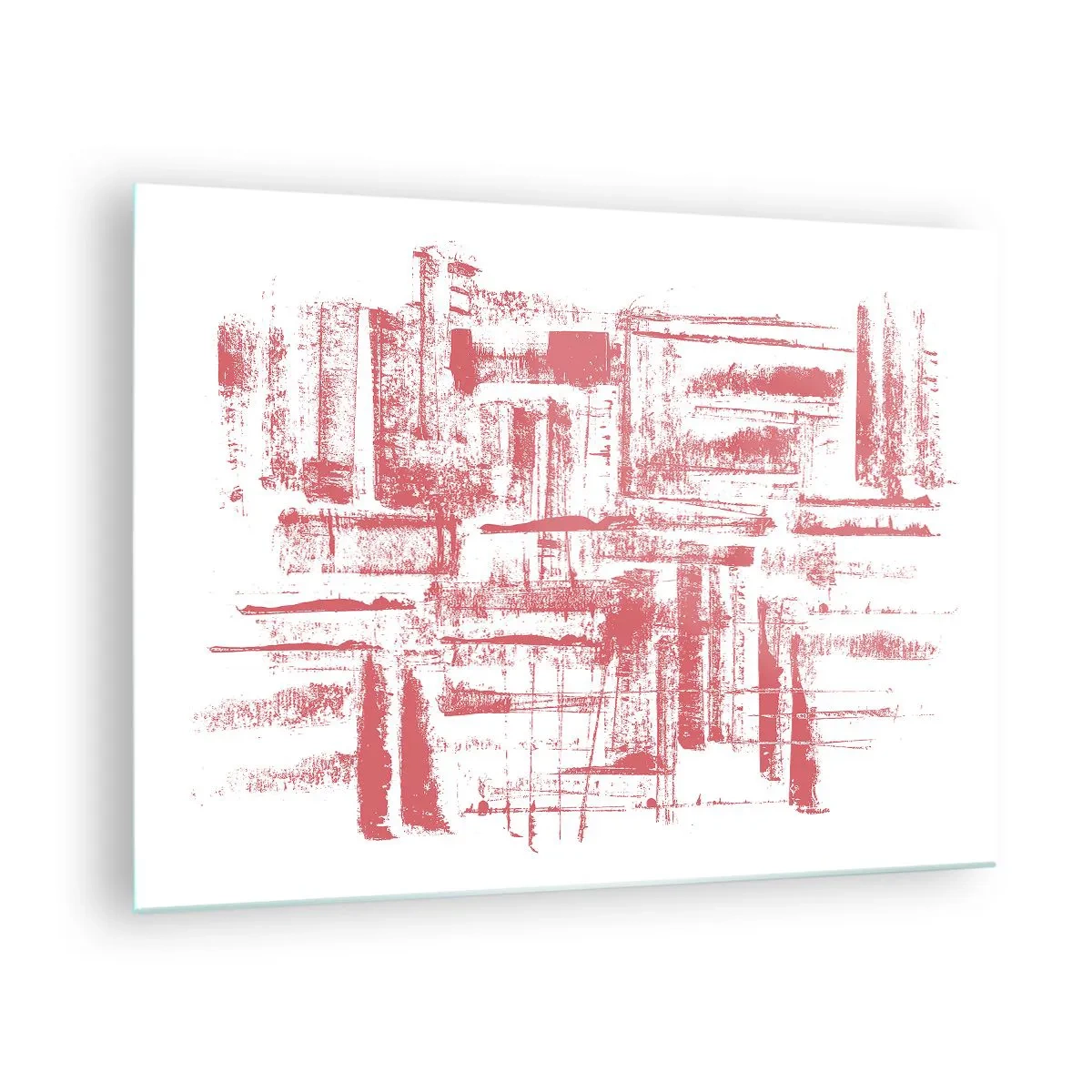 Glasbild - Bild auf glas - Eine abstrakte Komposition in Rot, die an die Umrisse städtischer Architektur erinnert. - 70x50cm - Die rote Stadt - Moderne Wanddekoration für Wohnzimmer und Schlafzimmer ARTTOR
