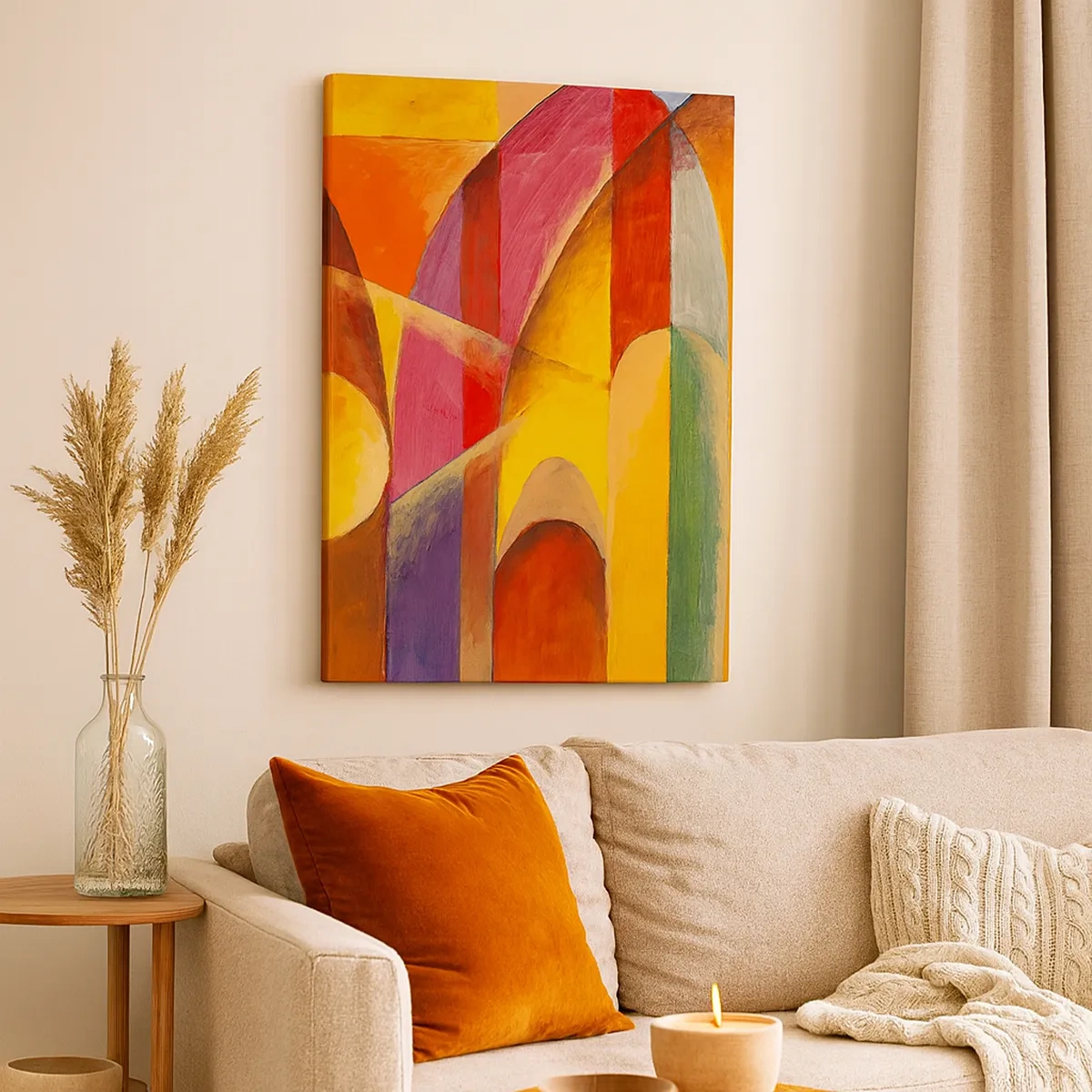 Bild auf Leinwand - Leinwandbild - Eine abstrakte Komposition voller farbenfroher geometrischer Formen. - 50x70cm - Kathedrale der Sonne - Moderne Wanddekoration für Wohnzimmer und Schlafzimmer ARTTOR