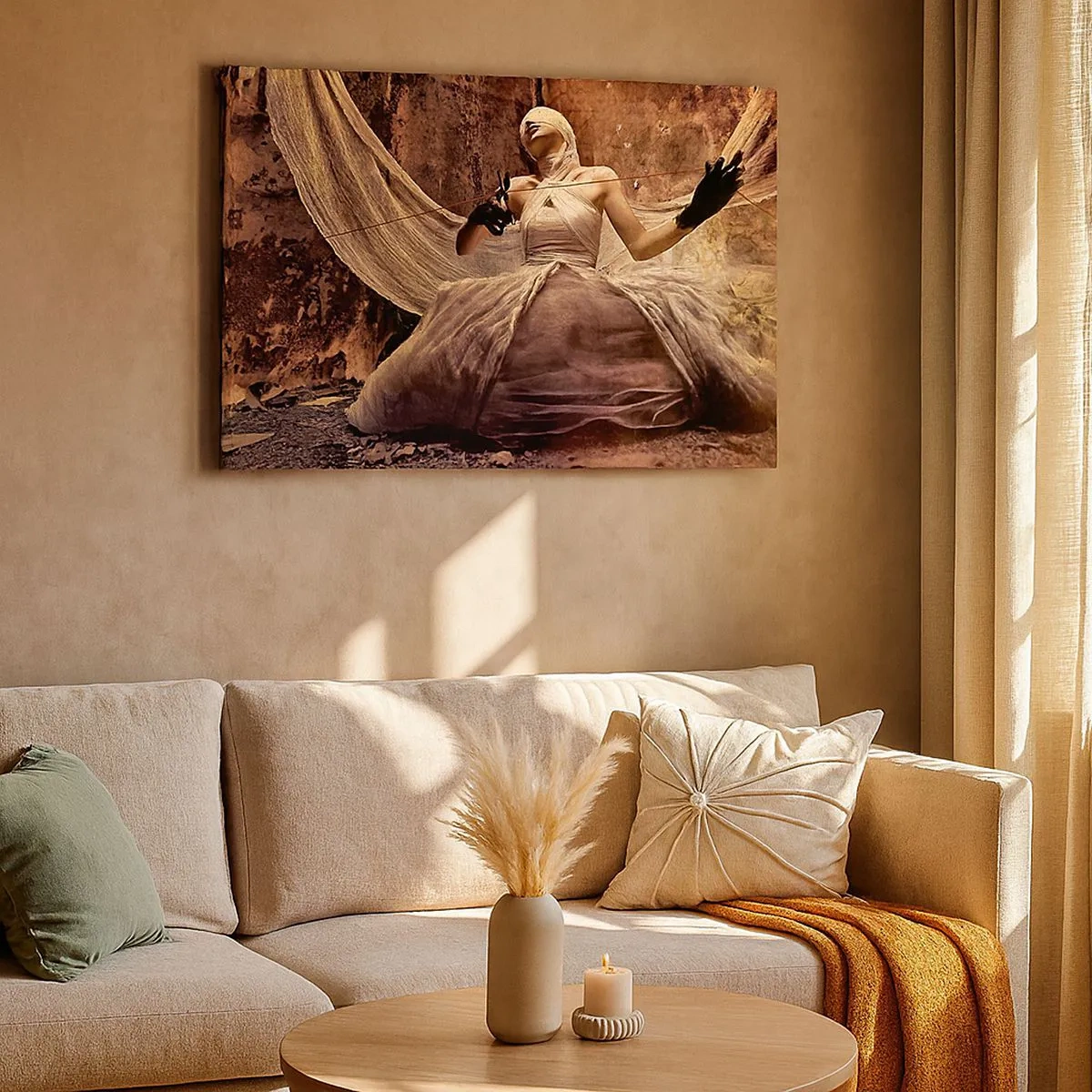 Bild auf Leinwand - Leinwandbild - Eine Frau in einem Kleid mit bedecktem Gesicht und einer Schere in den Händen - 70x50cm - Göttin des Schicksals - Moderne Wanddekoration für Wohnzimmer und Schlafzimmer ARTTOR