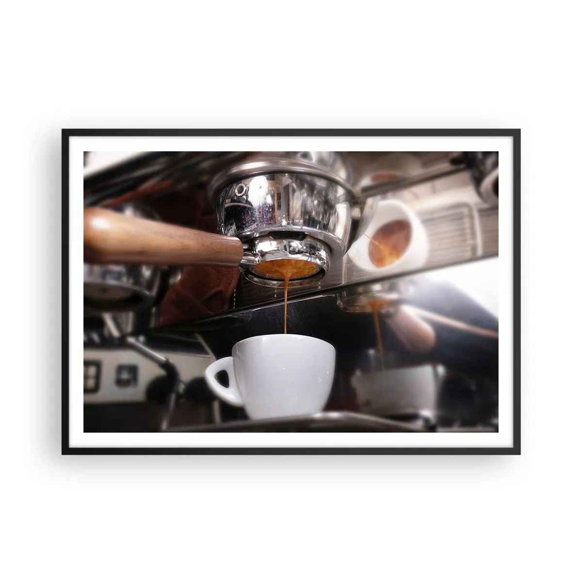 Poster in einem schwarzem Rahmen - Nahaufnahme einer Kaffeemaschine, die einen frischen Espresso zubereitet - 100x70cm - Gute Zeit des Tages - Moderne Wanddekoration für Wohnzimmer und Schlafzimmer ARTTOR