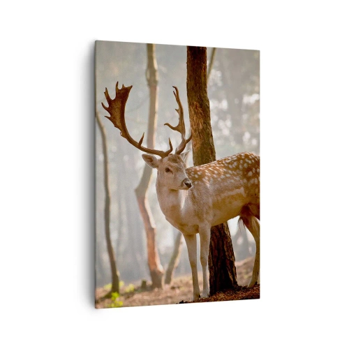 Bild auf Leinwand - Leinwandbild - Hirsche im Wald im Morgennebel - 70x100cm - Das Licht der Jugend - Moderne Wanddekoration für Wohnzimmer und Schlafzimmer ARTTOR
