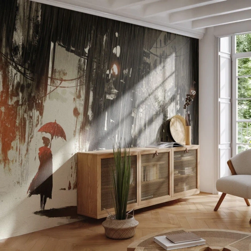 Maßgeschneiderte Fototapete Premium Canvas - Die Poesie des roten Regenschirms - Stadt, Frau, Die Architektur