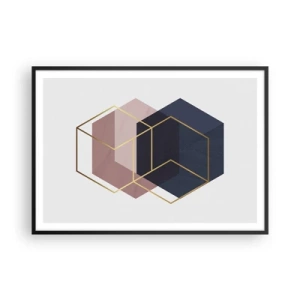 Poster in einem schwarzem Rahmen - Geometrische Formen in goldenen Linien auf pastellfarbenem Hintergrund - 100x70cm - Die Kraft der Einfachheit - Moderne Wanddekoration für Wohnzimmer und Schlafzimmer ARTTOR