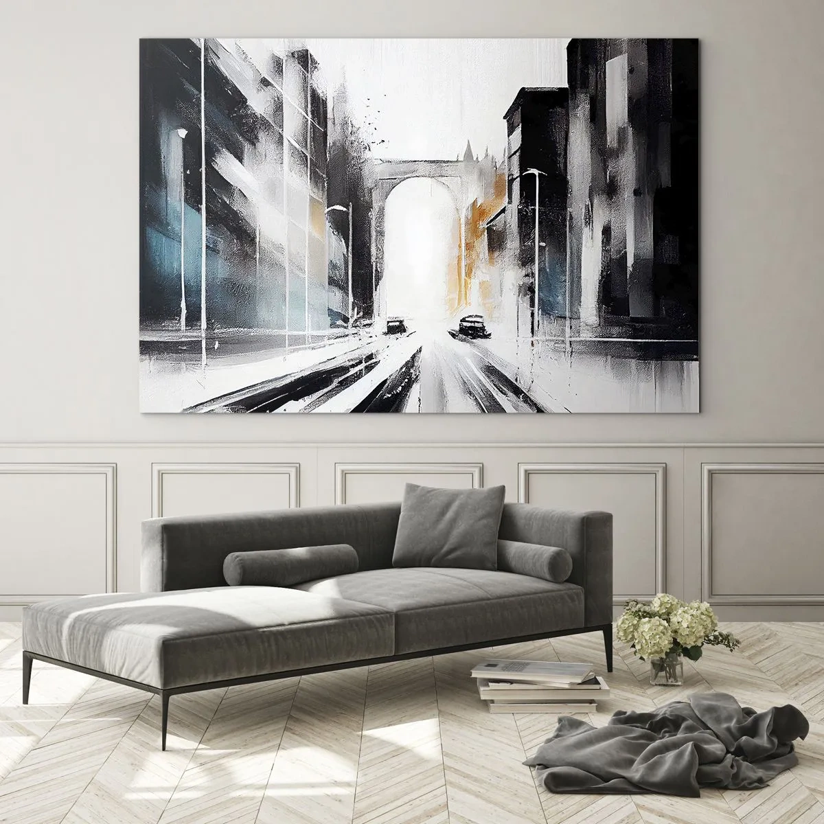 Glasbild - Bild auf glas - Eine dynamische Stadtstraße mit Autos und einem Bogen im Hintergrund im malerischen Stil. - 70x50cm - Stadtstudie: Architektur und Bewegung - Moderne Wanddekoration für Wohnzimmer und Schlafzimmer ARTTOR