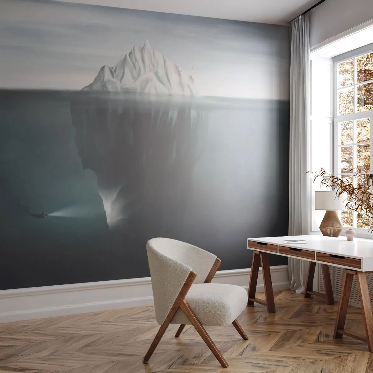 Maßgeschneiderte Fototapete Premium Sand - Unterwassergeheimnis - Eisberg, Gletscher, Taucher
