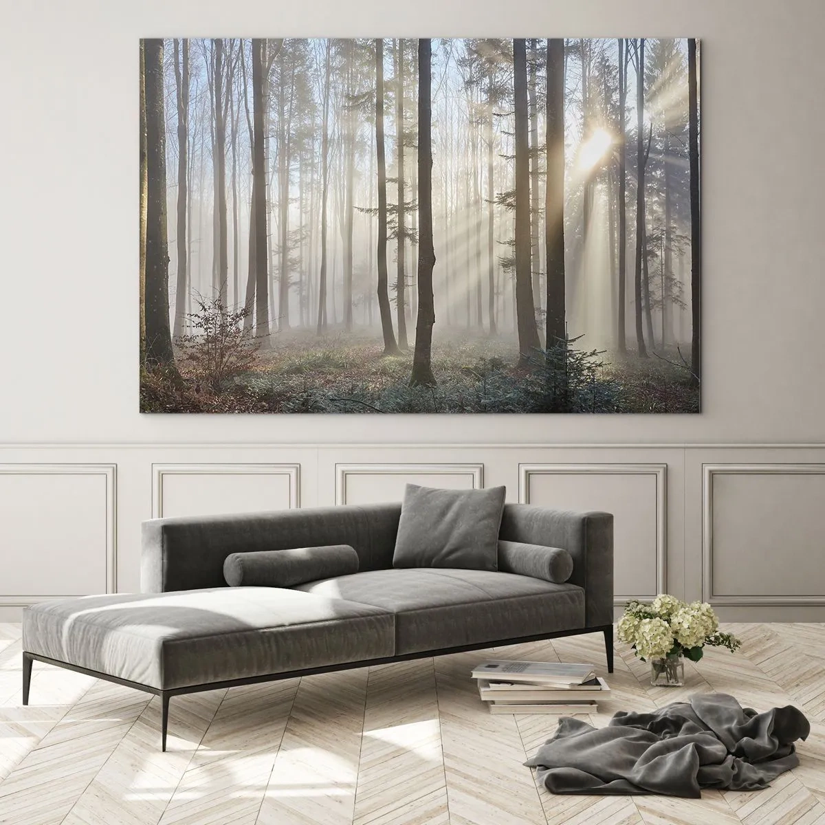 Glasbild - Bild auf glas - Morgensonnenstrahlen durchdringen den nebligen Wald - 100x70cm - Der Nebel ist auch aufgewacht - Moderne Wanddekoration für Wohnzimmer und Schlafzimmer ARTTOR