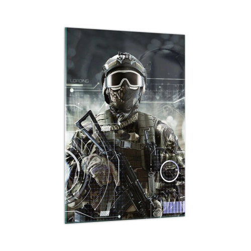 Glasbild - Bild auf glas - Ein Soldat in einem futuristischen Helm mit einer Waffe vor dem Hintergrund der Technologie. - 70x100cm - Macht zu Macht - Moderne Wanddekoration für Wohnzimmer und Schlafzimmer ARTTOR
