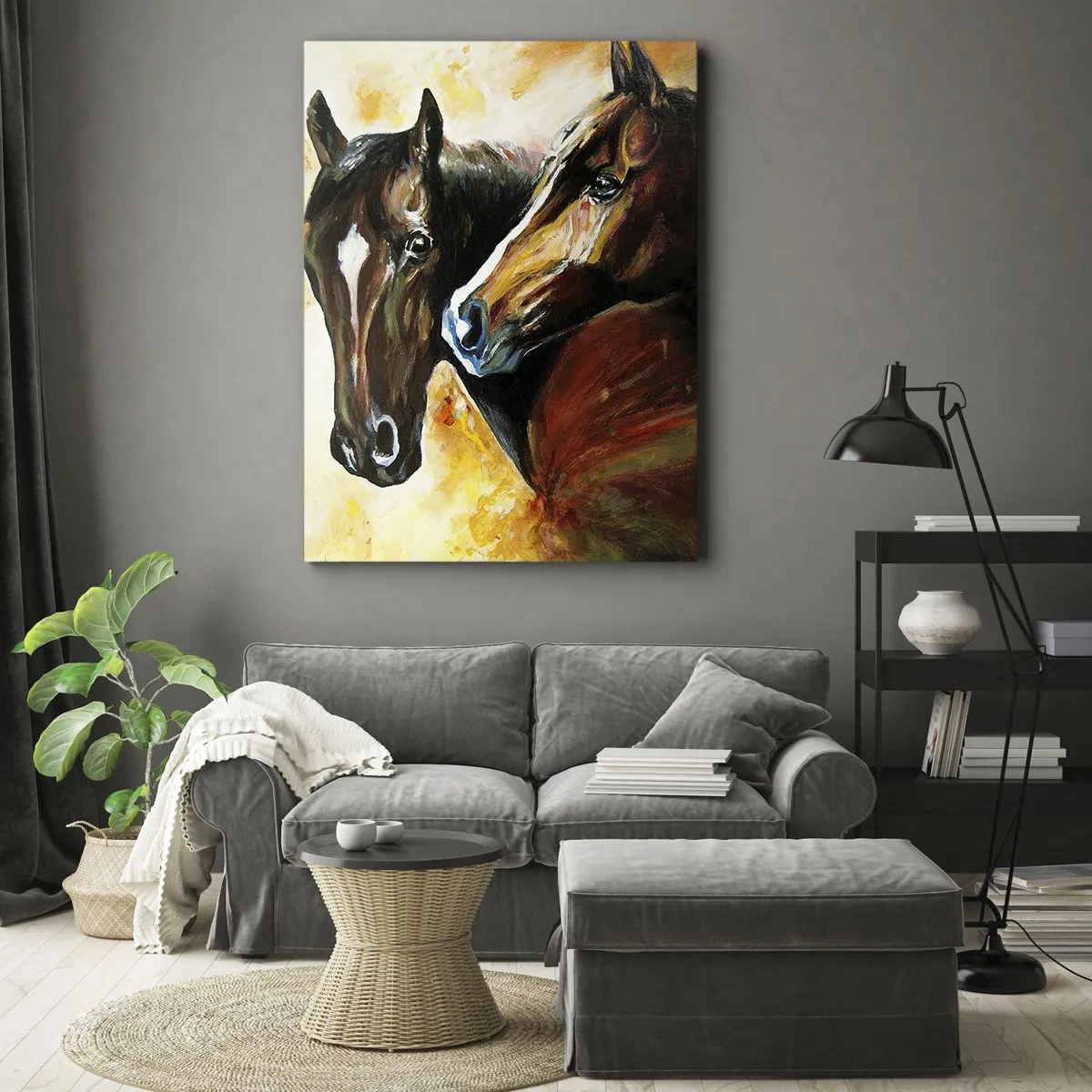 Bild auf Leinwand - Leinwandbild - Ein Pferdepaar in einer malerischen Komposition - 80x120cm - Doppelt anmutig - Moderne Wanddekoration für Wohnzimmer und Schlafzimmer ARTTOR