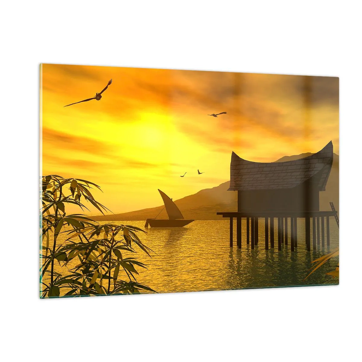 Glasbild - Bild auf glas - Sonnenuntergang über dem See mit einem Haus auf Stelzen - 120x80cm - Der ersehnte Frieden - Moderne Wanddekoration für Wohnzimmer und Schlafzimmer ARTTOR