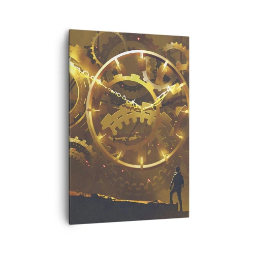 Bild auf Leinwand - Leinwandbild - Goldene Zahnräder in einer surrealen Umgebung mit einer Figur - 70x100cm - An der Quelle der Zeit - Moderne Wanddekoration für Wohnzimmer und Schlafzimmer ARTTOR