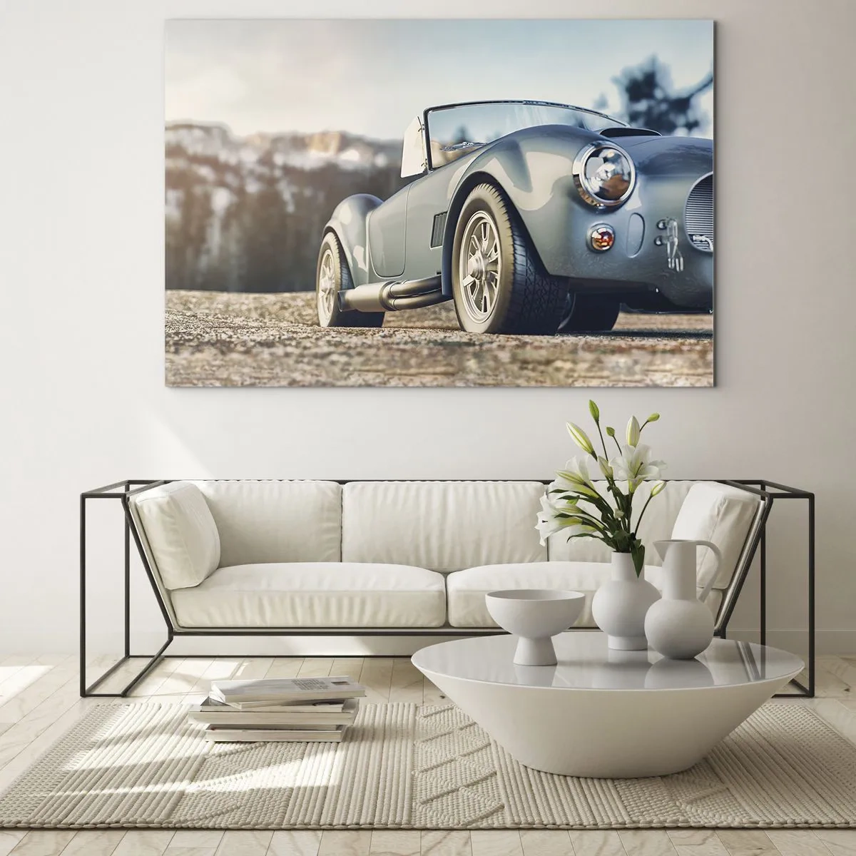 Glasbild - Bild auf glas - Ein Sportwagen mit Bergen im Hintergrund - 70x50cm - Denn Stil zählt - Moderne Wanddekoration für Wohnzimmer und Schlafzimmer ARTTOR