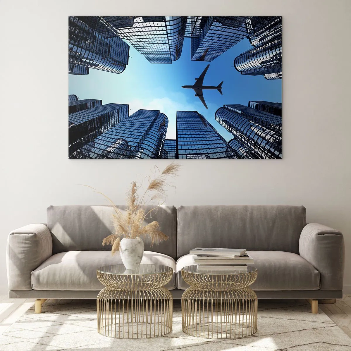 Glasbild - Bild auf glas - Blick auf das Flugzeug zwischen Wolkenkratzern - 120x80cm - Der Blick aus der Glasschlucht - Moderne Wanddekoration für Wohnzimmer und Schlafzimmer ARTTOR