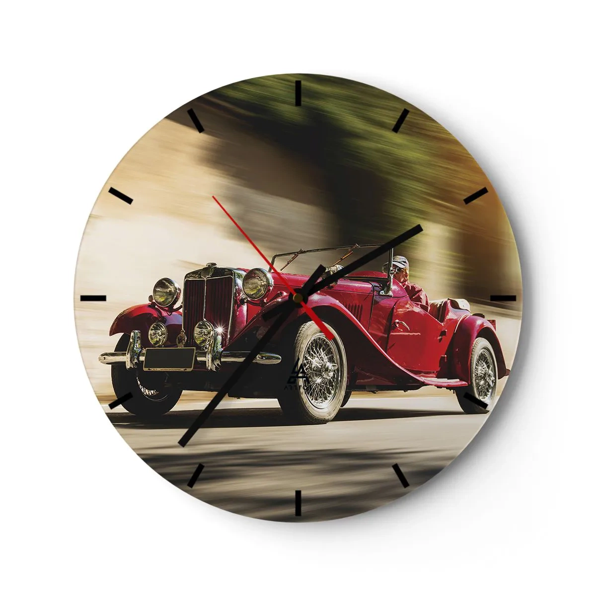 Wanduhr - Glasuhr - Roter klassischer Sportwagen in dynamischer Bewegung - 30x30cm - Schöner als Nike von Samothrake - Moderne Wanddekoration für Wohnzimmer, Küche und Schlafzimmer ARTTOR